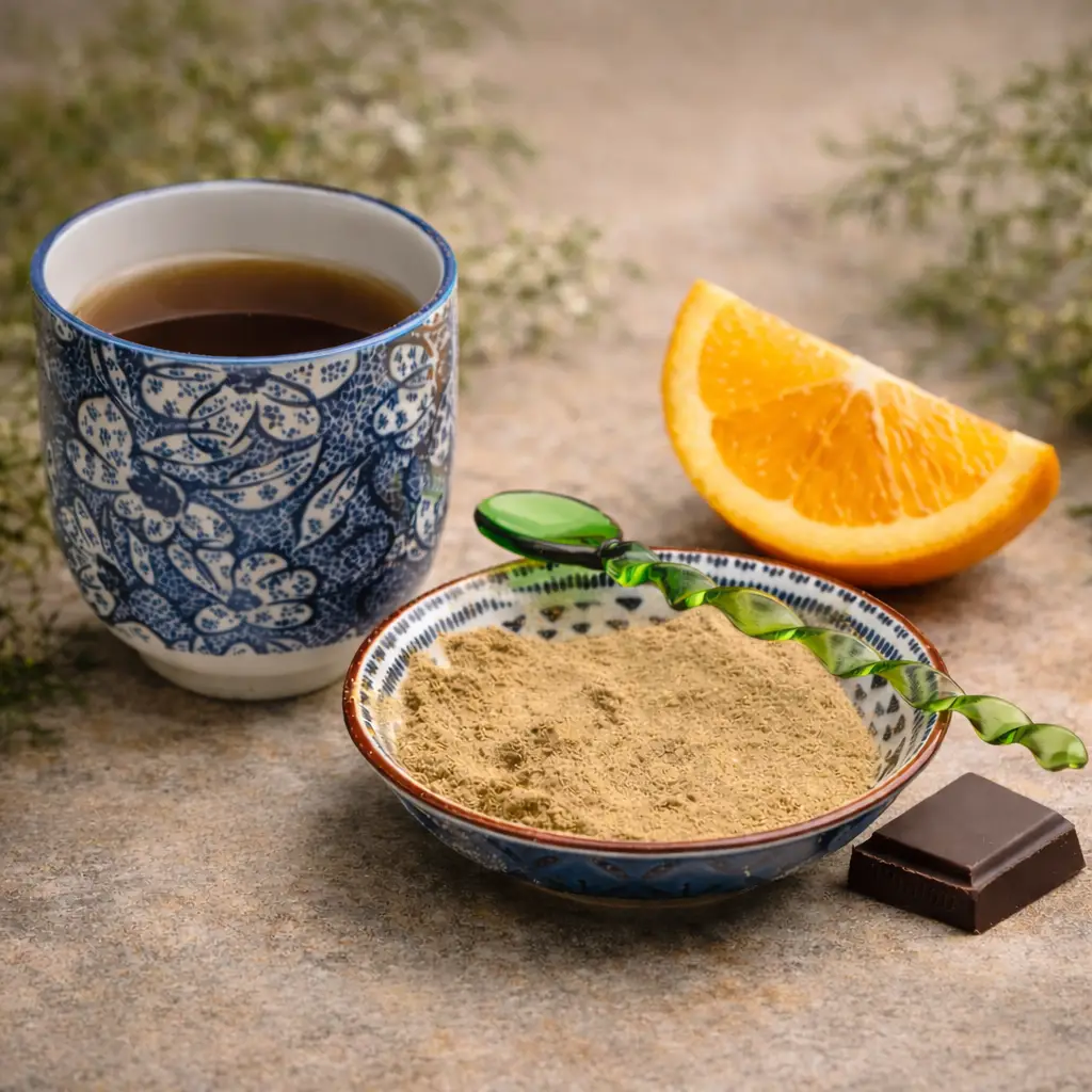 Essiac thee met kruidenpoeder, sinaasappel en pure chocolade tegen de bittere smaak.