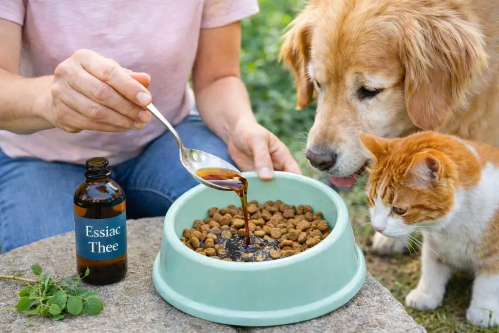 Essiac thee toegevoegd aan voer voor hond en kat als natuurlijke ondersteuning