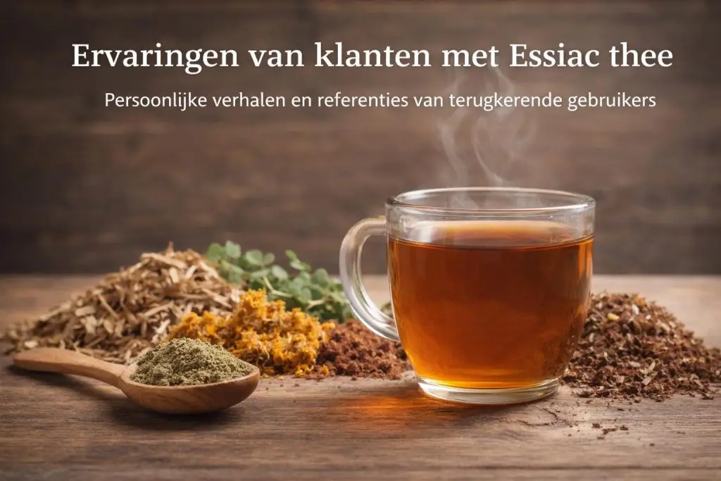 Essiac thee in glazen mok met kruiden op houten tafel