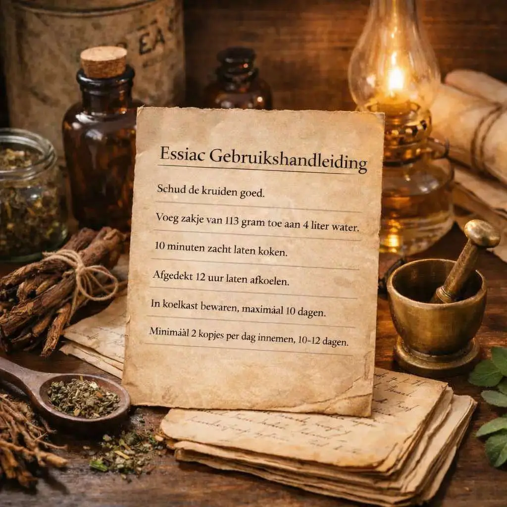 Essiac thee gebruiksaanwijzing met stappen voor het bereiden van Essiac kruidenthee volgens de traditionele methode