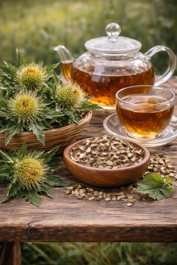 Gezegende distel kruid met Essiac thee en gedroogde Essiac kruiden op houten tafel