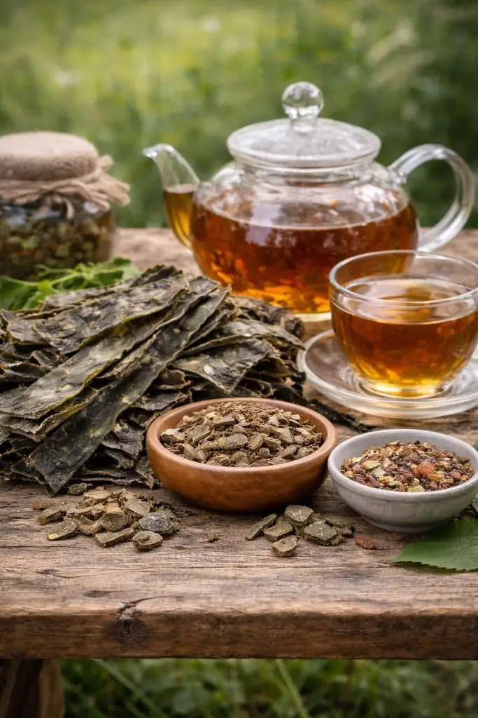 Kelp zeewier naast een kop Essiac thee – een mineraalrijk ingrediënt in de Essiac kruidenformule.