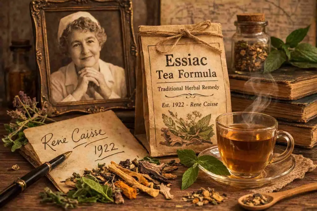 Illustratie van René Caisse met de Essiac kruidenformule en kruidenthee die zij in 1922 introduceerde