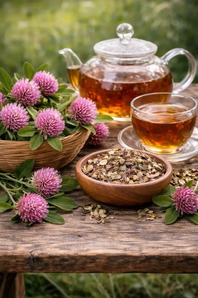 Bloeiende rode klaver (Trifolium pratense) – traditioneel kruid dat vaak wordt gebruikt in detox- en kruidenthee.
